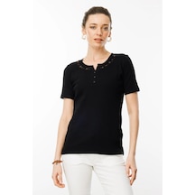 Desen Triko Kadın Açma Yaka Boncuk İşlemeli T-shirt 24754 Siyah Siyah