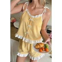Bella Notte Sarı Fırfır Ve Fiyonk Detaylı Askılı Şortlu Pijama Takımı