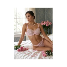 Loveria Pembe Nakışlı Dantelli İp Askılı Kapsız İç Çamaşırı Takım Pembe Pembe