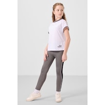Tommylife Beyaz-koyu Gri O Yaka Yan Şerit Detaylı Standart Fit Performans Kız Çocuk Tayt Takım - 75191 Beyaz