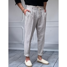 Modefendi Linen Kumaş Çizgi Detaylı Pantolon Siyah
