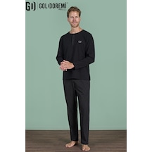 Gd Goldoremi Erkek Düğmeli Yaka Şerit Detaylı Düğmeli Yaka Uzun Kollu Pijama Takım Siyah