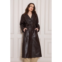 M M Marki Marki Kadın Hakiki Deri Trençkot Kahverengi, V Yaka, Kuşaklı, Düğme Kapamalı, Oversize, 120 Cm - 117222