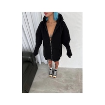 Kadın Tam Fermuarlı Cepli Kapüşonlu 3 İplik Pamuklu Hoodie Sweatshirt - Siyah