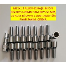 Allen-12 Başlı Krom Kaplı Bijon M12X1.5 ,Diş=28 Mm Tam Boy 55 Mm