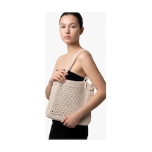 Melonndesign Melona Butik Makrome İp Krem Rengi File Çanta, Astarsız, Mıknatıs Çıtçıtlı Bej