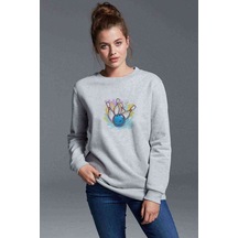 Bowling Topu Baskılı Gri Kadın Sweatshirt