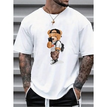 Cool Bear T-shirt - Beyaz Baskılı Oversize Bisiklet Yaka Kısa Kol Tişört Beyaz