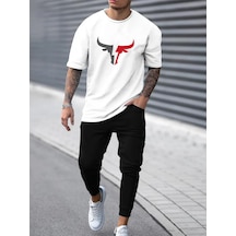Uyguntarz Unisex Boğa Baskılı Eşofman Takımı Beyaz