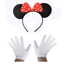 Kırmızı - 485 - Fiyonklu Minnie Mouse Tacı Ve Beyaz - Novapazr - Eldiven Seti