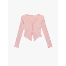 Koton V Yaka Dantel Detaylı Uzun Kollu Slim Fit Tişört Pembe 6sal10221ık Gül