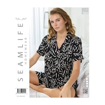 Seamlife Kadın Şortlu Kısa Kollu Dokuma Önden Düğmeli Gömlek Pijama Takımı Sıyah/l Siyah