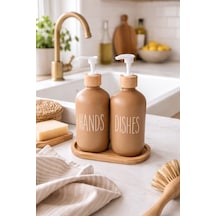 Makri Home Bambu Altlıklı Bambu Kapaklı İkili Cam Sıvı Sabunluk & Deterjanlık Seti 2 500 Ml- 16,5 X 9 X 21 Cm Kahverengi