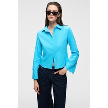 Grımelange Makayla Kadın Keten Uzun Kollu Regular Fit Mavi Gömlek Mavi