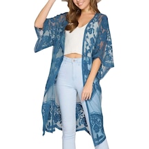 Yucama Kadın Dantel Hırka See Through Elbise Boho Uzun Kimono Plaj Mayo - C Koyu Mavi