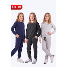 Panios Kids Kız Çocuk 3'lü Düz Bisiklet Yaka Çift Cepli Eşofman Takımı Lacivert-füme-gri
