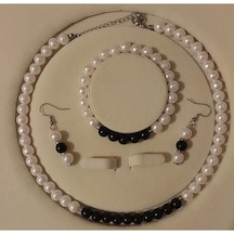 Siyah&beyaz İnci Set, A Kalite Boncuk İnci Paslanmaz Çelik Kolye, Bileklik Ve Küpe Takımı Multi Tek Ebat Çok Renkli