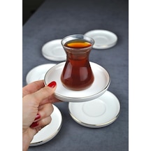 6 Kişilik Porselen Çay Tabağı Gold Yaldızlı 6 Adet Sade Modern Çay Tabak -çizgili Beyaz Yaldızlı