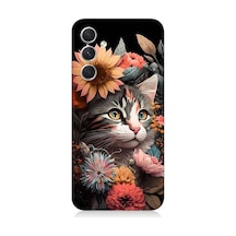 Samsung Galaxy A34 Uyumlu Çiçekler Ve Kül Gri Kedi Desenli Silikon Kılıf
