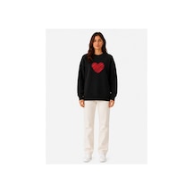 Herkesemoda Kırmızı Kalp Baskı Detaylı Şardonlu 2 İplik Bisiklet Yaka Sweatshirt Siyah