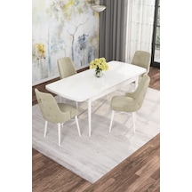 Mona Beyaz 80x132 Açılabilir Mdf Masa Yemek Odası Takımı, Mutfak Takımı 4 Adet Sandalye Beyaz Masa - 4 Krem - Beyaz Ayak
