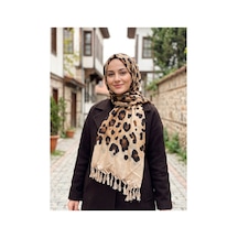 Umttrend Pamuklu Boncuklu Yazma 110cm X 110cm Leopar Desenli Krem