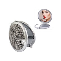 Sones Elmas İşlemeli Metal Çift Taraflı Katlanır Mini Taşınabilir Yuvarlak Küçük Makyaj Aynası Parlak Siyah