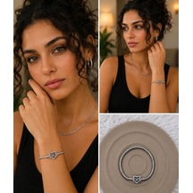 Premium Gümüş Renk Parlak Taşlı Şık 316l Çelik Sonsuzluk Ve Kalp Figürlü Charm Bileklik 18cm
