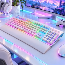 Türkçe Q Mekanik Gaming Klavye Kablolu Usb Rainbow Led Aydınlatmalı Bilek Destekli Full Size Beyaz