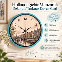 Almira Duvar Saati Hollanda Şehir Manzaralı Dekoratif Turkuaz Duvar Saati