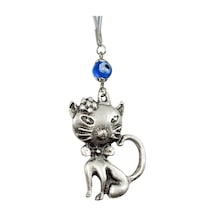 El Yapımı Lacivert Cam Nazar Boncuğu Metal Kedi Dikiz Ayna Süsü /