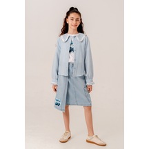 Kız Çocuk Su Taşlı Gömlek T-shirt İkili Takım 1805 Mavi