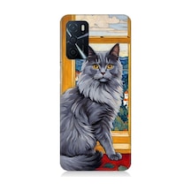 Oppo A55 Uyumlu Kül Rengi Tüylü Kedi Desenli Silikon Kılıf