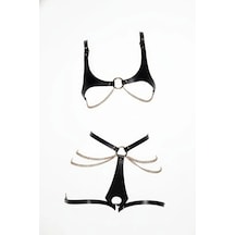 İkikareshop Siyah Harness Takım Zincir Detaylı Deri Vücut Aksesuarı - Brf1384 Çok Renkli