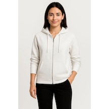 Kadın 3 İplik Kapüşonlu Tam Fermuarlı Kanguru Cepli Sweatshirt Hoodie - Beyaz