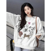 Karikatür & Harf Grafik Düşük Omuz Oversize Sweat-trzksw3820 Açık Gri