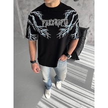 Erkek Yıldırım Şimşek Baskılı T-shirt Kısa Kol Bisiklet Yaka Tişört - Siyah Siyah