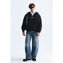 Vamos Boxy Fit Metal Klips Kapama Sweatshirt Siyah
