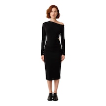 Ersefa Kadın Siyah Bodycon Siluet Asimetrik Yaka Uzun Kollu Elbise Sandy