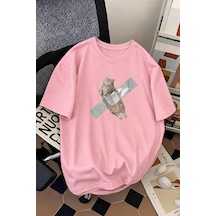 Pop Art Tarzı "bantlanmış Kedi" Desenli Pamuklu Rahat Unisex Tişört Pembe