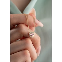 Nereze 925 Ayar Gümüş Gold Kaplama Pembe Taşlı Kalp Kolye