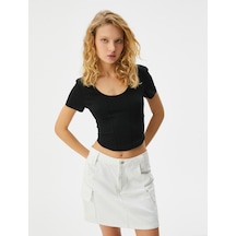 Koton Crop Tişört Korse Görünümlü Dar Kalıp Kısa Kollu U Yaka Pamuklu Siyah 4sal10048ık 4SAL10048IK999 Siyah