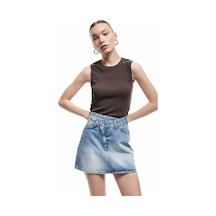 Koton Pamuklu Asimetrik Düğmeli Cepli Denim Mini Etek Orta İndigo 5sal70034md İndigo
