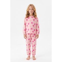 Bunny Hopp Kız Çocuk Uzun Kollu Pijama Takımı %100 Pamuk Pembe Çilek Desenli Penye Pembe Çiçekli