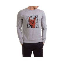 Rock'N Roll El Işareti Baskılı Gri Erkek Örme Sweatshirt