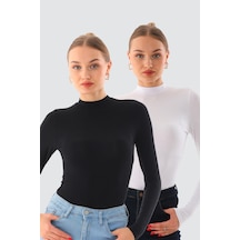 Kadın Viskon Boğazlı Kopçalı Zıbın Body 2'li Set Siyah-beyaz Siyah - Beyaz