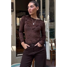 Kahverengi Transparan Kadife Dokulu Kadın Bluz Mg2730 Kahverengi