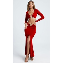Pink Life Kırmızı Tokalı Yırtmaçlı Maxi İkili Takım Kırmızı