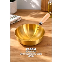 22.5cm Gold Tava Büyük - Japon Stil Gold Wok Tava - Tam Yuvarlak Tava - 304 Paslanmaz Çelik Profesyonel Ahşap Saplı