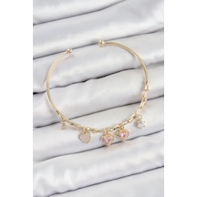 Mey İthalat Pirinç Zirkon Taşlı Pembe Kalp Model Gold Renk Charm Bileklik Çok Renkli